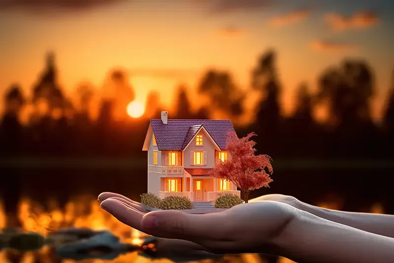 Symbolbild für schlüsselfertiges Bauen – ein Haus in schützenden Händen bei Sonnenuntergang