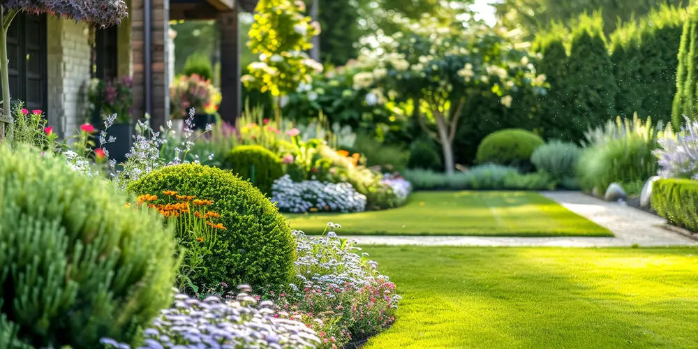 Gepflegter Ziergarten mit Blumenbeeten, Hecken und Stauden – fachgerechte Gartenbepflanzung im Raum Ahrweiler