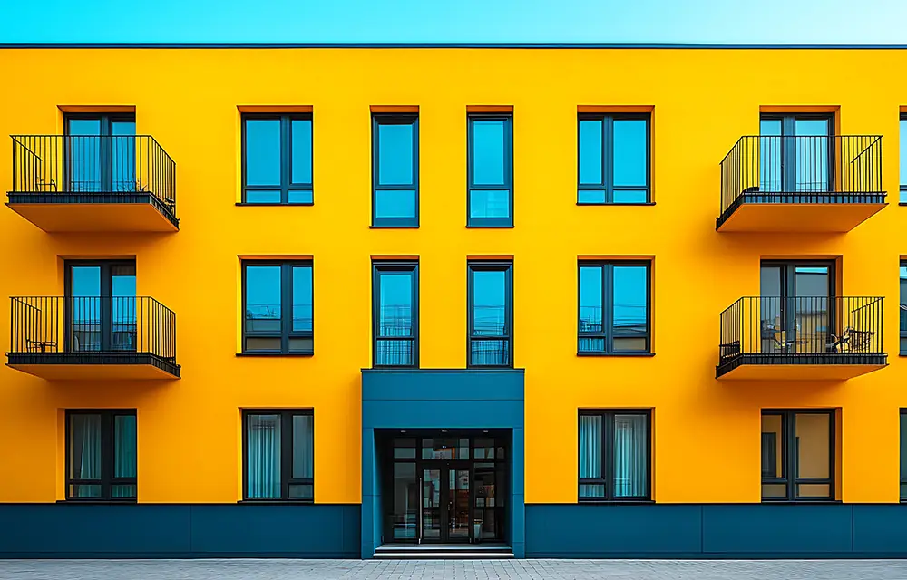 Gelb-blauer Fassadenanstrich an modernem Wohnhaus – langlebige Außenbeschichtung durch Malerprofis im Raum Ahrweiler