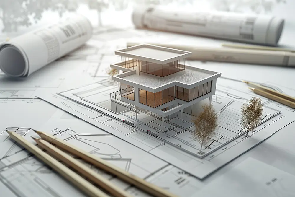 Modell eines modernen Hauses auf technischen Bauplänen – professionelle Architekturplanung und Projektentwicklung im Raum Ahrweiler