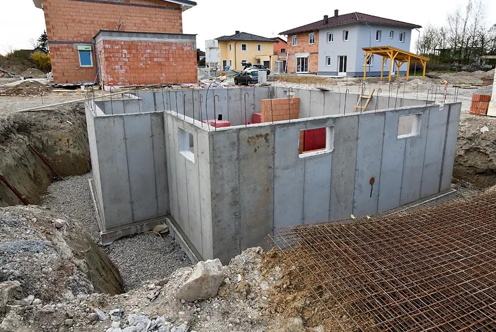 Kellerrohbau mit Betonwänden und Bewehrung im Neubaugebiet – zuverlässige Fundament- und Rohbauarbeiten im Kreis Ahrweiler