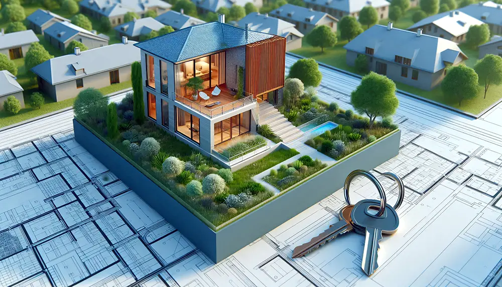 Architekturmodell mit Gartenanlage und Schlüsselbund auf Bauplänen – symbolische Darstellung der schlüsselfertigen Übergabe im Raum Ahrweiler