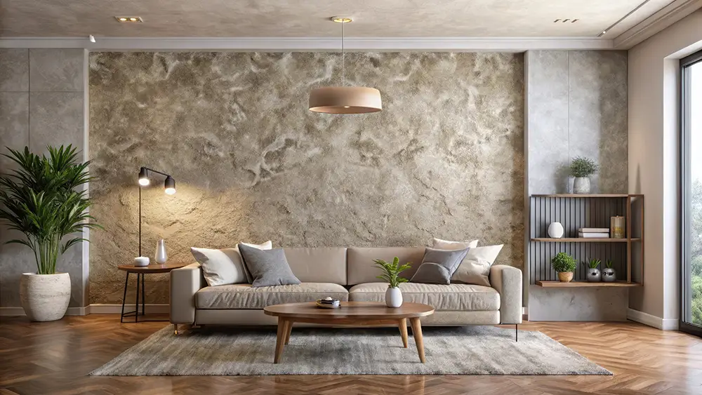 Wohnzimmer mit strukturierter Putzwand in Naturtönen – kreative und dekorative Putztechnik im Raum Ahrweiler